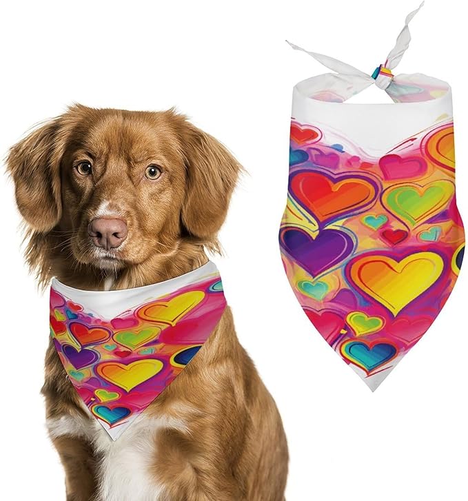 Dog Bandana Spring Pet Scarf Adjustable Triangle Colourful Heart Printing Dog Bib Washable Polyester Puppy Bandana for Small Medium Large Dogs Cat Birthday Party Supplies