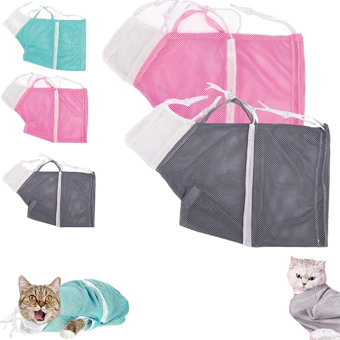 Multifunctional Cat Mesh Bathing Bag, Anti-Bite and Anti-Scratch with Zipper and Drawstrings, Adjustable Breathable Polyester Mesh Restraint for Bathing, Nail Trimming (Pink+Grey)