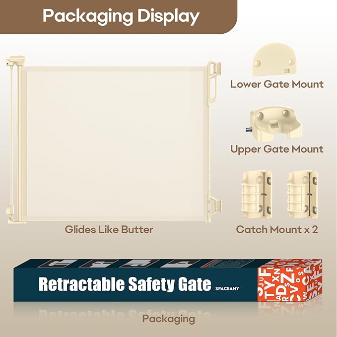Retractable Safety Baby Gate or Mesh Dog Gate,Durable Portable Mesh Retractable Gate,Easy to Use for Stairs, Doorways, Hallways, Indoor, Outdoor, 33.5" Tall, Up to 45" Wide, Cream