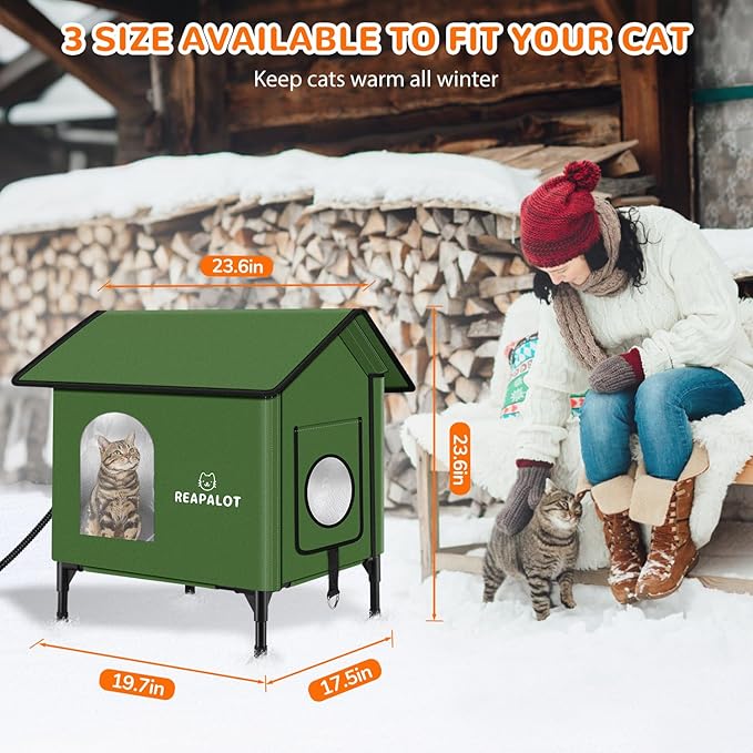 REAPALOT Heated Cat House for Outside Cat in Winter, Insulated Outdoor Feral Cat Shelter with Cat Heating Pad, Elevated Heated Kitty House for Multiple Cats (Green, M(20"x17.5"x23.6"))