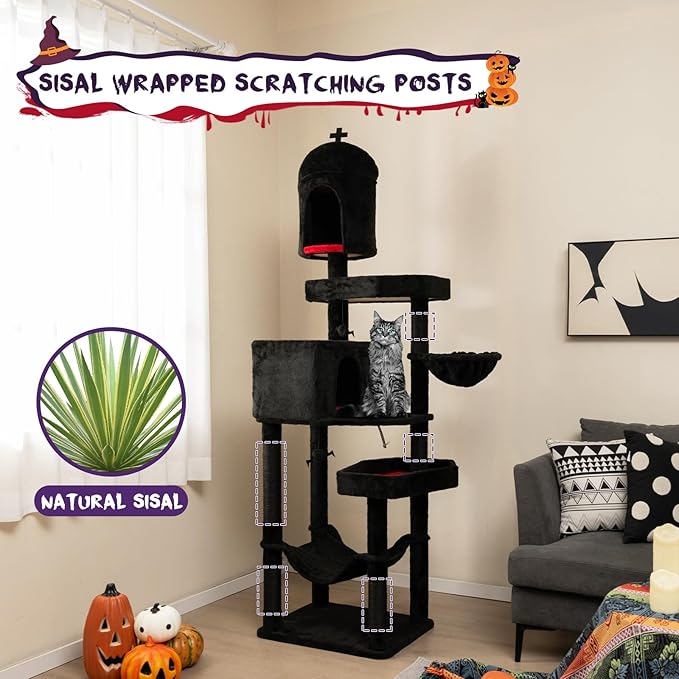 Tangkula Gothic Cat Tree, 83 Inch Tall Cat Tower with Sisal Covered Scratching Posts, 2 Coffin Beds, 2 Cat Condos, Hammock, Basket Bed, Halloween Pet Furniture, Black Goth Cat Tree for Indoor Cats