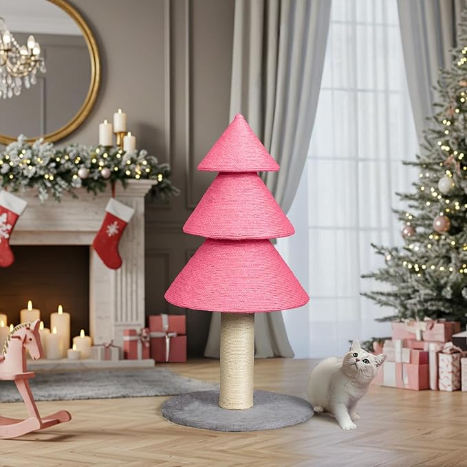 Outvita 31.5in Christmas Tree Cat Scratcher, Cat Scratching Post for Indoor Cats, Large Sisal Cat Scratching Tree Cat Scratch Tower, Pink