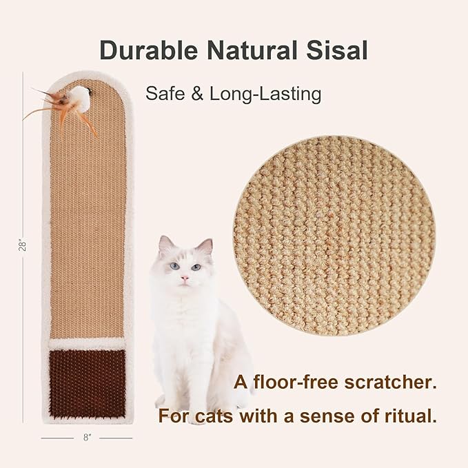 28" Wall Mounted Cat Scratcher for Indoor Cats – Vertical Sisal Cat Scratching Board with Self-Grooming Brush & Hanging Toy, Space-Saving Cat Wall Furniture, No-Drill Adhesive or Screw Mount