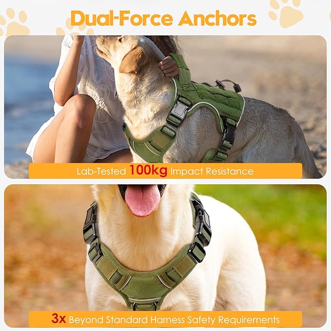 Heavy-Duty Tactical Dog Harness for Large Dogs, No Pull Adjustable Reflective Pet Vest with Molle System, K9 Military-Grade Control for Service Training, Outdoor & 10+ Breeds, Green, Medium