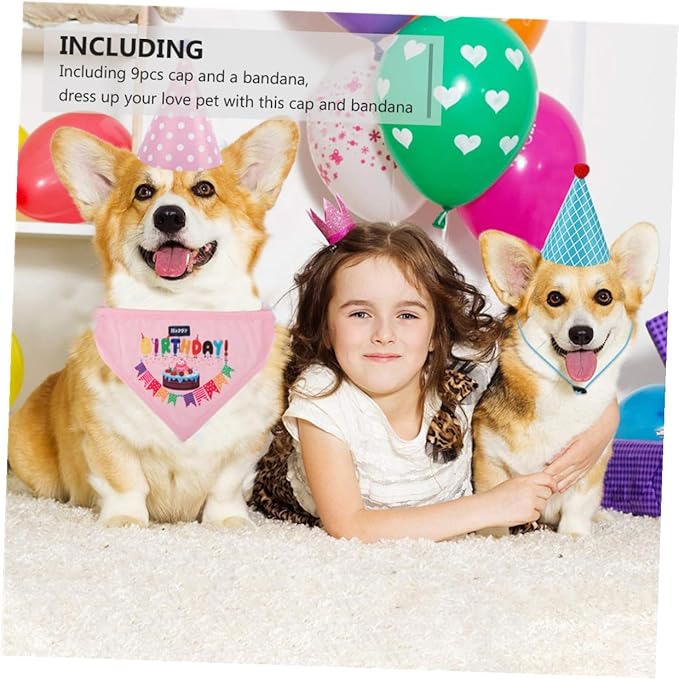 Toyvian Dog Birthday Party Supplies Set 9 Decorative Birthday Hats 1 Saliva Bib Bandana for Pets Adjustable Size for Pet Celebration Random Color
