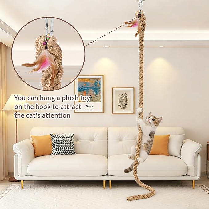 2" x 9.8Ft Cat Climbing Rope with Hook, Natural Sisal Ropes for Ceiling and Wall Mounted, Durable Space Saving Cat Climbing Jute Rope Toy with Scratching Kitten Rope for Indoor and Outdoor