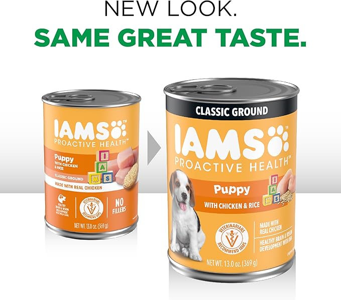 IAMS Proactive Health Puppy Wet Dog Food, Classic Ground Dog Wet Food, with Chicken and Rice, 13 oz. Cans (Pack of 12)