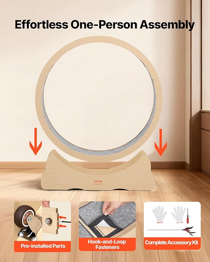 VEVOR Cat Exercise Wheel, 48 in Wooden Cat Running Wheel for Indoor Cats up to 28 lbs, Cats Treadmill with Carpeted Runway & Locking Mechanism, Quiet Roller Kitten Sport Toys for Pets Fitness & Health