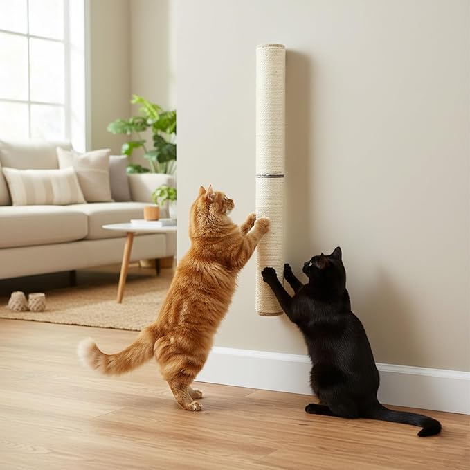 PowerKing Wall Mounted Cat Scratcher, 24" Vertical Sisal Scratching Post for Indoor Cats, Space-Saving Wall Cat Furniture with Natural Jute Rope & Rotatable Design