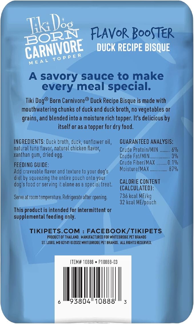 Tiki Dog Born Carnivore Flavor Booster, Duck Recipe Bisque, Grain Free Meat Based Treat, Meal Topper for All Dog Breeds and All Life Stages, 1.5 oz. 12 Count