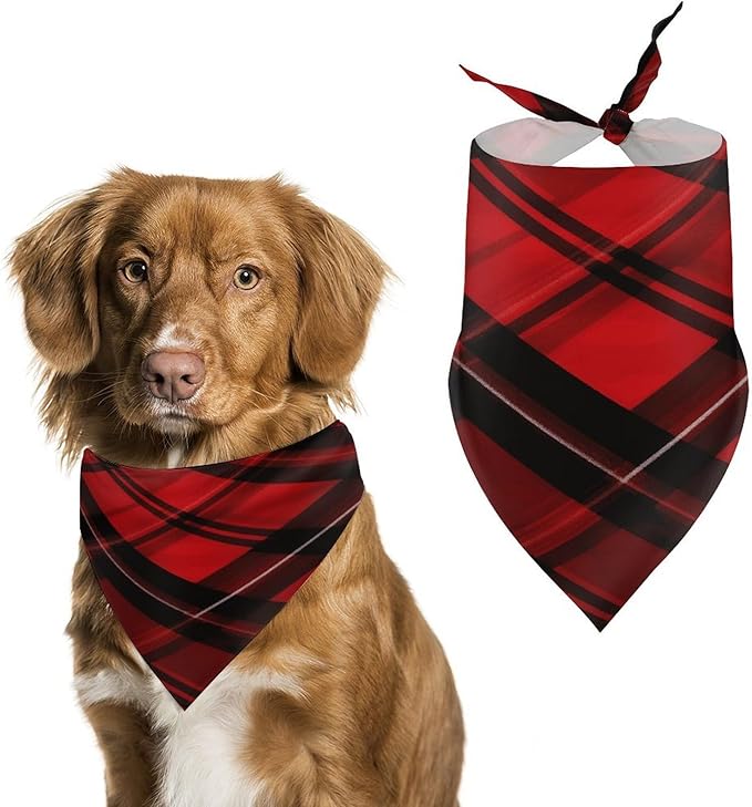Dog Bandana Spring Pet Scarf Adjustable Triangle Red and Black Plaid Printing Dog Bib Washable Polyester Puppy Bandana for Small Medium Large Dogs Cat Birthday Party Supplies