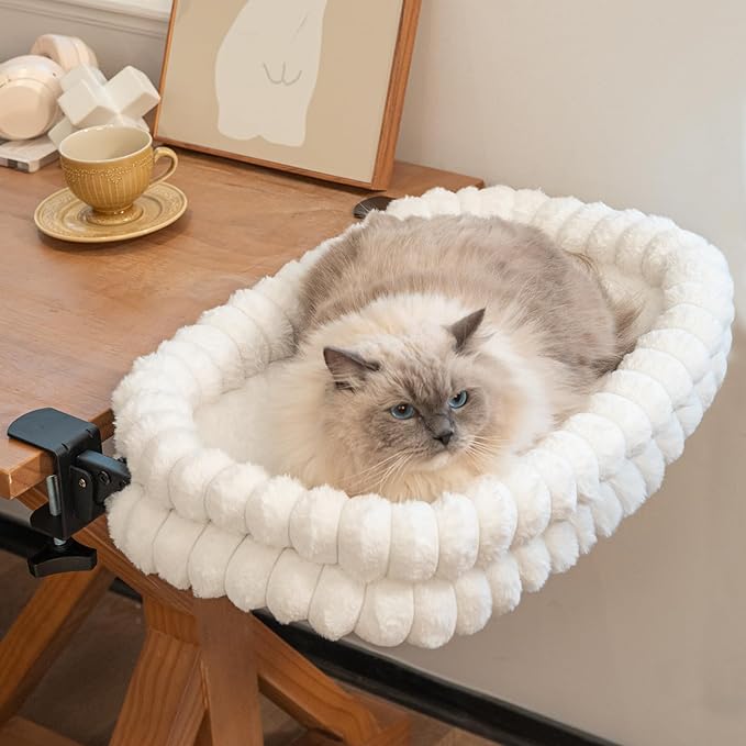 CHEERPALS Cat Desk Bed with Reversible Cushion, 90°Foldable Cat Hammock for Desk Mounted, Suitable for Medium-to-Large Cats and Puppy, Clowd Series(White, Large)