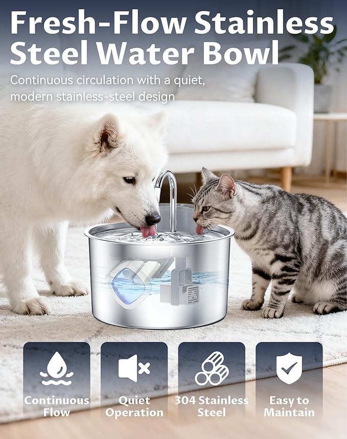 Dog Water Bowl, 3.2L Cordless Dog Water Fountain Bowl, 3 Smart Dispensing Modes,Quad Filtration and Continuous Water Flow,Stainless Steel Easy-to-Clean,Quiet Pump (Rechargeable+10Set Filter)
