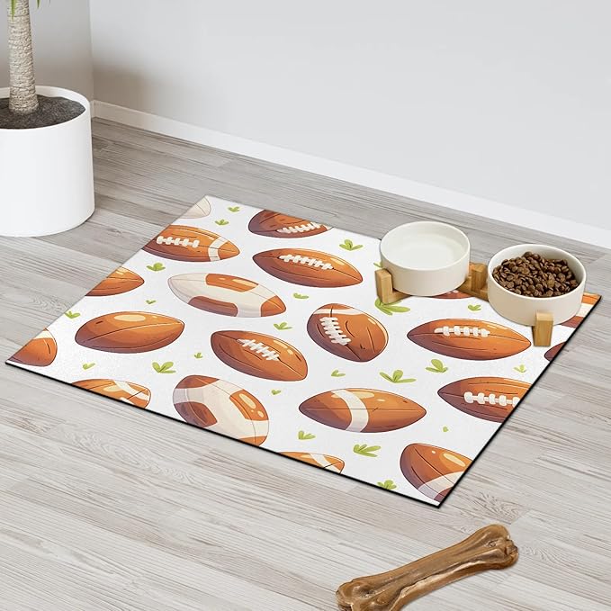 Football Rugby Dog Food Mat for Floors Absorbent, Quick Dry Water Dispenser Mat for Food, Water, Pet Supplies 16" x 24", Green Grass