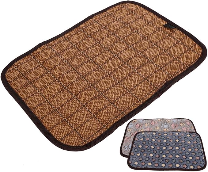 AYNEFY Doublesided Pet Mat Dog Daily Supplies Rattan and Warm Plush Cat Dog Bed for Summer Winter Use with Strong Edging for Cages Or Floor Doublesided Pet Mat Soft Breathable Cooling (M)
