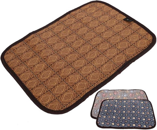 AYNEFY Doublesided Pet Mat Dog Daily Supplies Rattan and Warm Plush Cat Dog Bed for Summer Winter Use with Strong Edging for Cages Or Floor Doublesided Pet Mat Soft Breathable Cooling (L)
