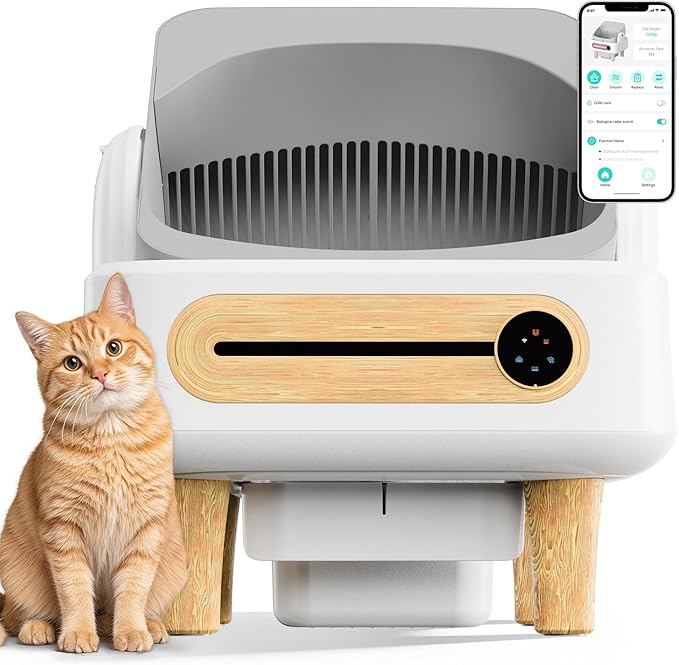 RPZ Automatic Cat Litter Box Self Cleaning, Robot Litter Box for Multiple Large Cats, Open Top Auto App Control Ultra-Quiet, Durable, Keep Home Freshness, Wood Grain