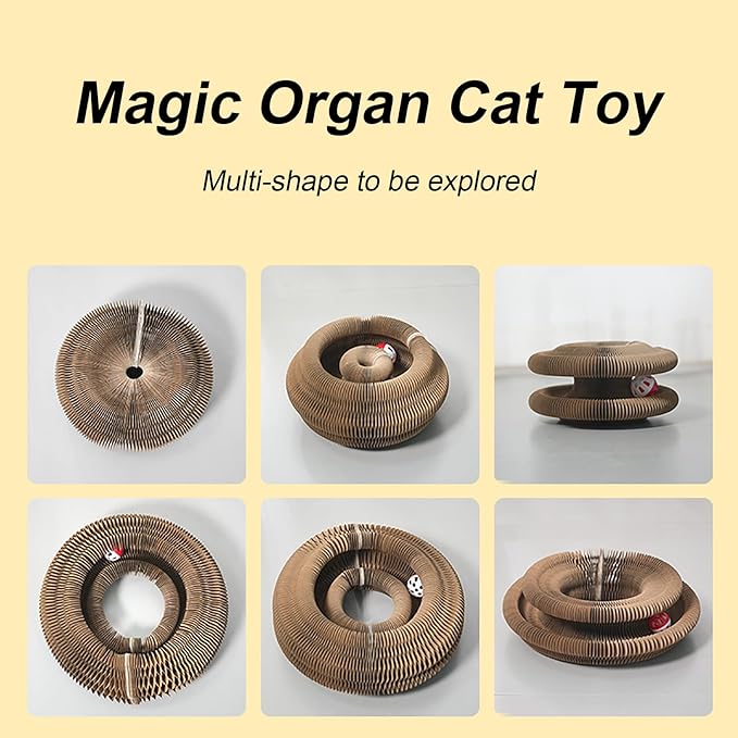 Kitty Curlz Cat Toy, Magic Organ Cat Interactive Scratcher Cardboard with Bell Ball, Foldable & Changeable Accordion Shape Exercise Anxiety Relief Toy for Indoor Cats(1PCS)