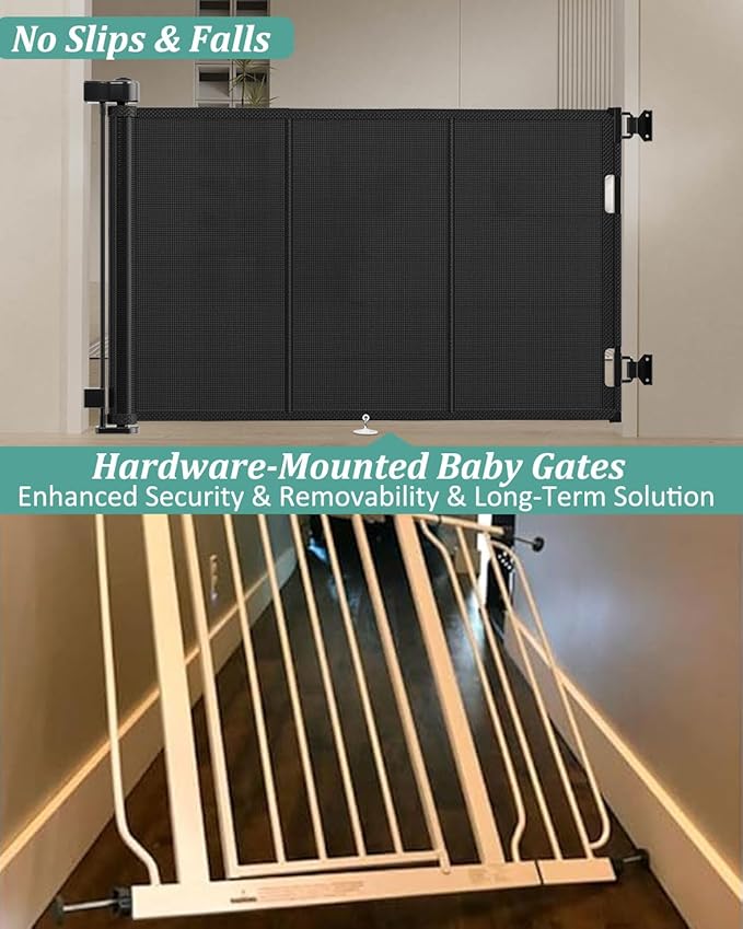 71 inch Retractable Baby Gates 34 inch Tall, Retractable Gate with Reinforced Strip Design to Prevent Crawling Through, 6 FT Retractable Dog Gate for Stairs, Doorways, Hallways, Indoor/Outdoor