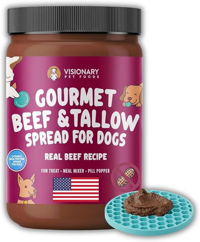 Visionary Pet Foods Beef Meat Spread, Dog Safe and Natural Peanut Butter Alternative - Healthy Digestive Support, No Additives - Lick Mat Treats - 12oz Jar