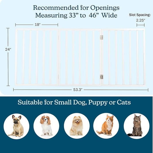 Pet Gate - 3-Panel Indoor Foldable Dog Fence for Stairs, Hallways or Doorways - 54x24-Inch Retractable Wood Freestanding Dog Gates by PETMAKER (White)