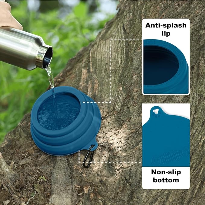 OHMO 2 Pack Cat Food Can Lids, Small Size (3 oz，Dark Blue)&No Spill Collapsible Dog Water Bowl