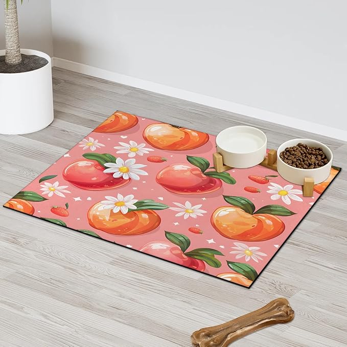 Peaches Dog Food Mat for Floors Absorbent Dog Bowl Mat for Food and Water Dispenser Quick Dry Cat Food Placemat Pet Supplies 16" x 24", Daisy Flowers