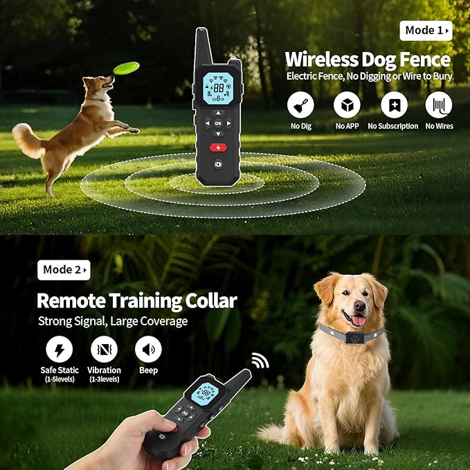 Wireless Dog Fence & Training System, Approximately 3300 Feet Range, Beep/Vibration/Static Modes, Adjustable Levels, No Wiring Setup, Waterproof Receiver