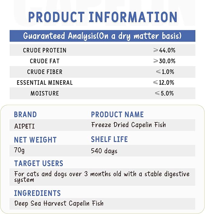 Freeze Dried Capelin Fish Cats & Dogs Treats 70g, Single Ingredient, Rich in Omega 3 & 6 for Healthy Skin & Coat, Grain Free, 100% Whole Fish, Premium Quality High Protein Training Snacks