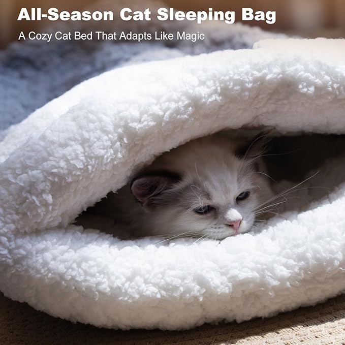 Cat Sleeping Bag 4 in 1 Cute Self Warming Cat Bed Cave with Plush Portable Snuggle Sack/Hideway for Indoor Cats & Small Pets White 21×17 Inch