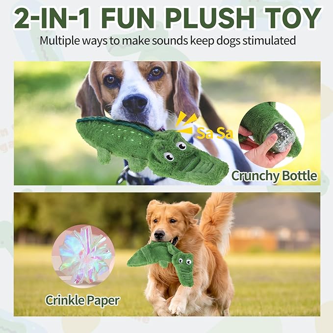 Mihachi No Stuffing Crinkle Dog Toys, 2-in-1 Holds Water Bottles - Cruncher with Puncture Resistant Squeaker, Dog Squeak Toys Plush Dogs Chew Toy for Puppy Small Medium Large Breed Chewer, Crocodile