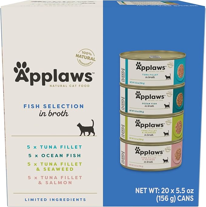 Applaws Natural Wet Cat Food in Broth, Limited and Natural Ingredients, High Protein with No Artificial Additives, Fish Selection in Broth Cans (20 x 5.5 oz Cans)