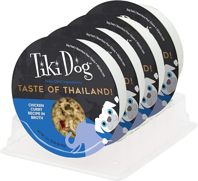 Tiki Dog Taste of The World Whole Food, Thailand Chicken Curry Recipe in Broth, Culinary Inspired High Protein and Moisture Rich Superfoods Wet Dog Food, 3 Oz Cups, Pack of 4