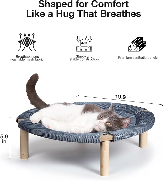Wooden Elevated Cat Bed Hammock Breathable Scratch-Resistant Fabric, Pet Bed Suitable for Cats, Small Dogs, Rabbits up to 33 lbs, Grey (Medium, Round-Type)