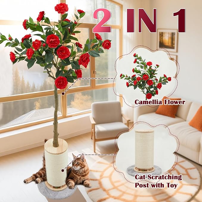 70.9'' Tall Cat Scratching Post,Artificial Camellia Tree Extra-Large Scratcher for Indoor Cats Adult,8.3'' Thick Natural Sisal Rope Post with Interactive Ball Toy (flower-70.9inch)