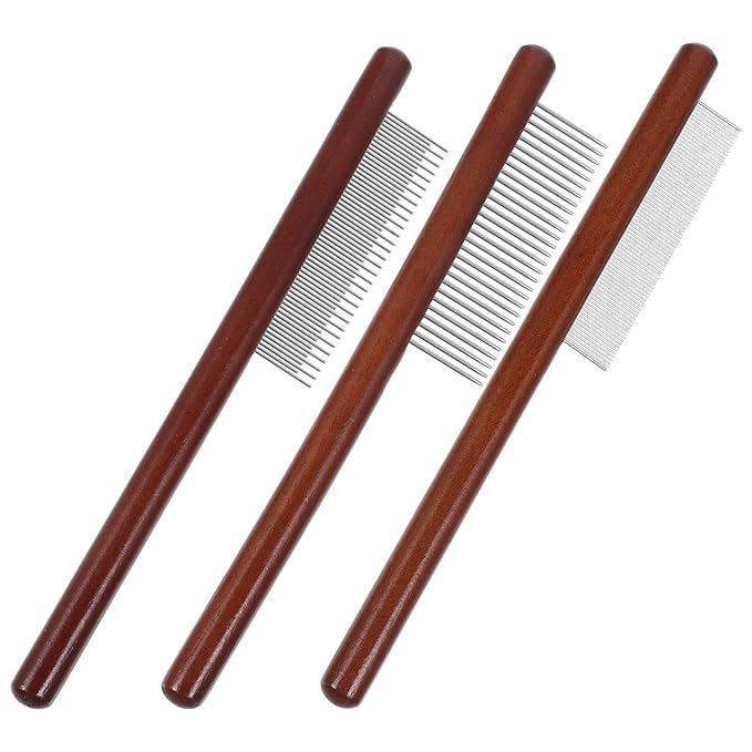 POPETPOP 3pcs Pet Grooming Comb Kit Wooden Dematting Comb with Rounded and Fine Teeth for Dog and Cat Hair Care, Portable Flea Removal Tool Suitable for Small Breeds and Kittens