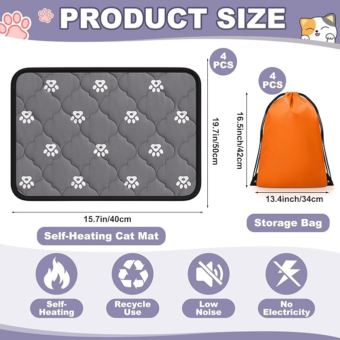 Riakrum 4 Pack 16 x 20 Inches Self Heating Cat Pad Mat Warming Pet Dog Bed Non Slip Washable Cat Kennel Crate Pad with Storage Bag for Indoor Outdoor Small Medium Dog Kitten