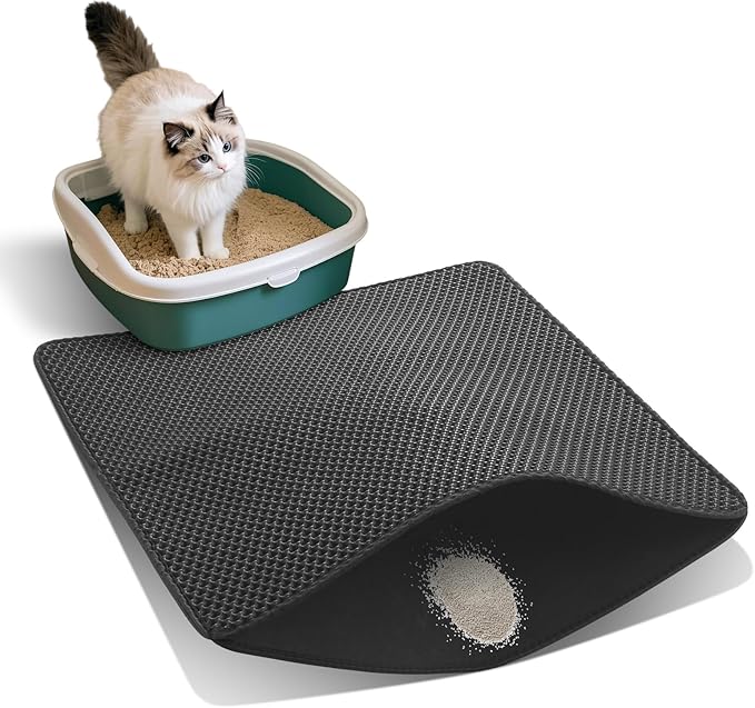 Cat Litter Mat for Indoor Cats Eva Double-Layer Litter Box Mat Washable for Easy Cleaning Cat Rug Collects Litter and Prevents Liquid Leakage (Black, 23.6×30inch)