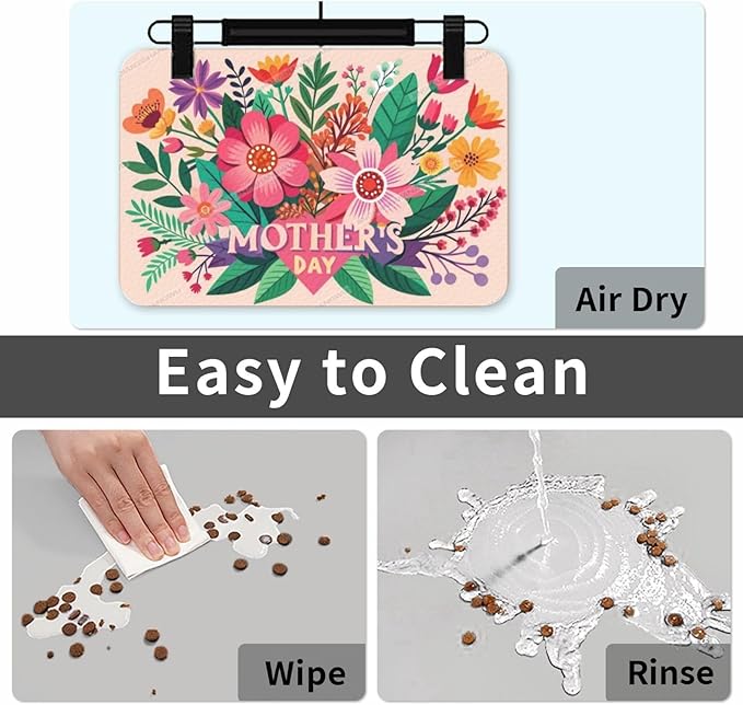 Pet Feeding Mat for Floors Waterproof Dog Mat for Food and Water Happy Mother's Day Floral Gift Mom Ko Absorbent Quick Dry Non Slip Mats Cat Bowls 24x16In