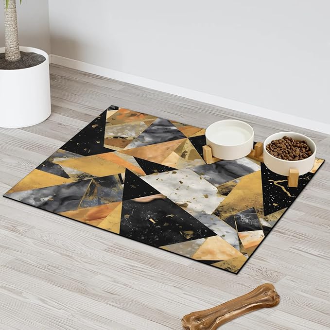 Marble Dog Food Mat for Floors Absorbent, Quick Dry Water Dispenser Mat for Food, Water, Pet Supplies 16" x 24", Black Gold Abstract