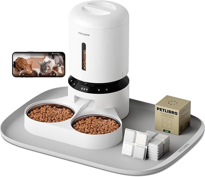 Bundle of PETLIBRO Automatic Cat Feeder with Camera for 2 Cats (Dual Tray, White) and 6 Packs Pet Food Desiccant Bag