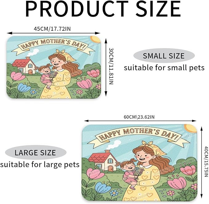 Non Slip Mat for Dog Pet Cat Dog Food Mats Happy Mother's Day Floral Gift for Mom Dv Water Bowl Mat Quick Dry Absorbent Cat Feeding Mats 24x16In