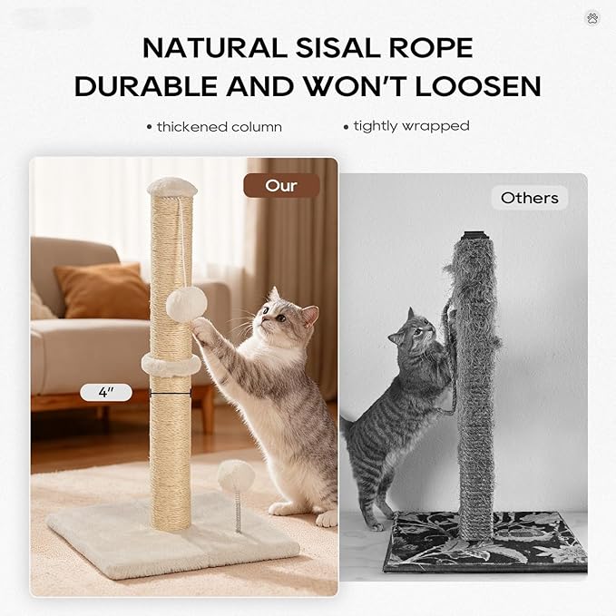 Dkelincs 33" Tall Cat Scratching Post Premium Sisal Kitten Scratcher with Hanging Ball for Indoor Cats, Cat Scratch Post for Living Room & Bedroom, Ideal for Cats at All Ages (Beige, 33 Inch)