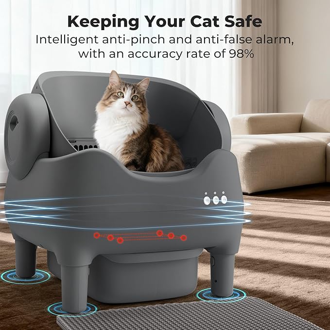 Self Cleaning Litter Box, Automatic Cat Litter Box with APP Control, Odor-Free Waste Disposal Includes Trash Bags, Large Waste Bin, Open-Top, for Multiple Cats