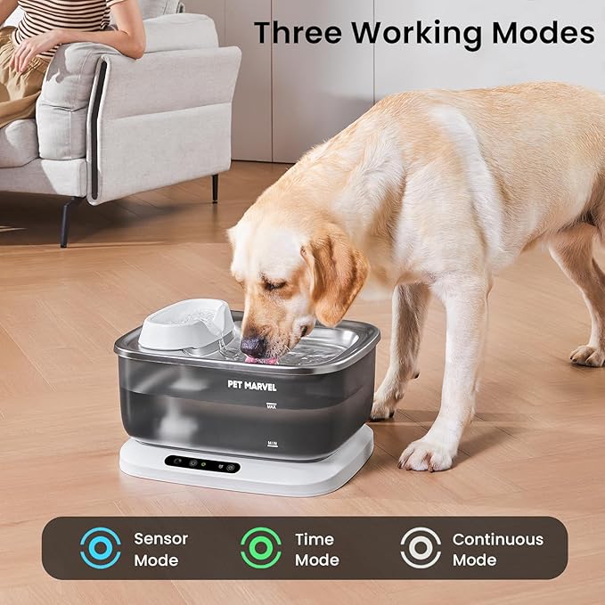 PET Marvel Wireless Quiet Pet Water Fountain, 7L/1.8Gal/230oz Large Water Reserve for Dogs & Cats, Stainless Steel Drinking Bowl, Battery or Plug-in Use, Designed for Short Trips & Backup Use, F2 V2