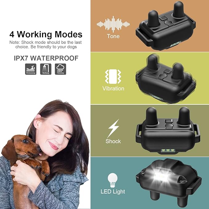 Dog Training Collar with Remote, 3300ft Remote Dog Shock Collar, IPX7 Waterproof Rechargeable E-Collar, 4 Training Modes (Night LED Light，Beep, Vibration, Shock) for Small Medium Large Dogs