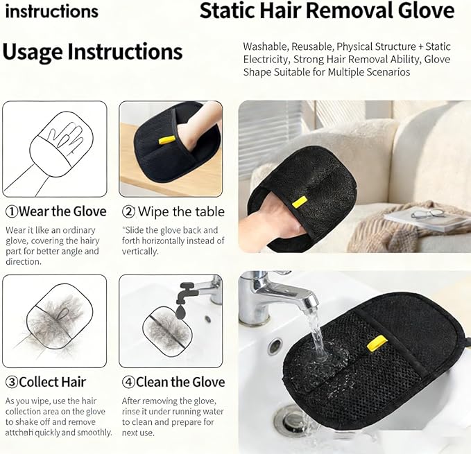 Pet Hair Removal Gloves, Pet Hair Remover Electrostatic Gloves, Reusable Static Grooming Mitt for Dogs & Cats On Couch, Carpet, Car Seats (2Pcs-B)