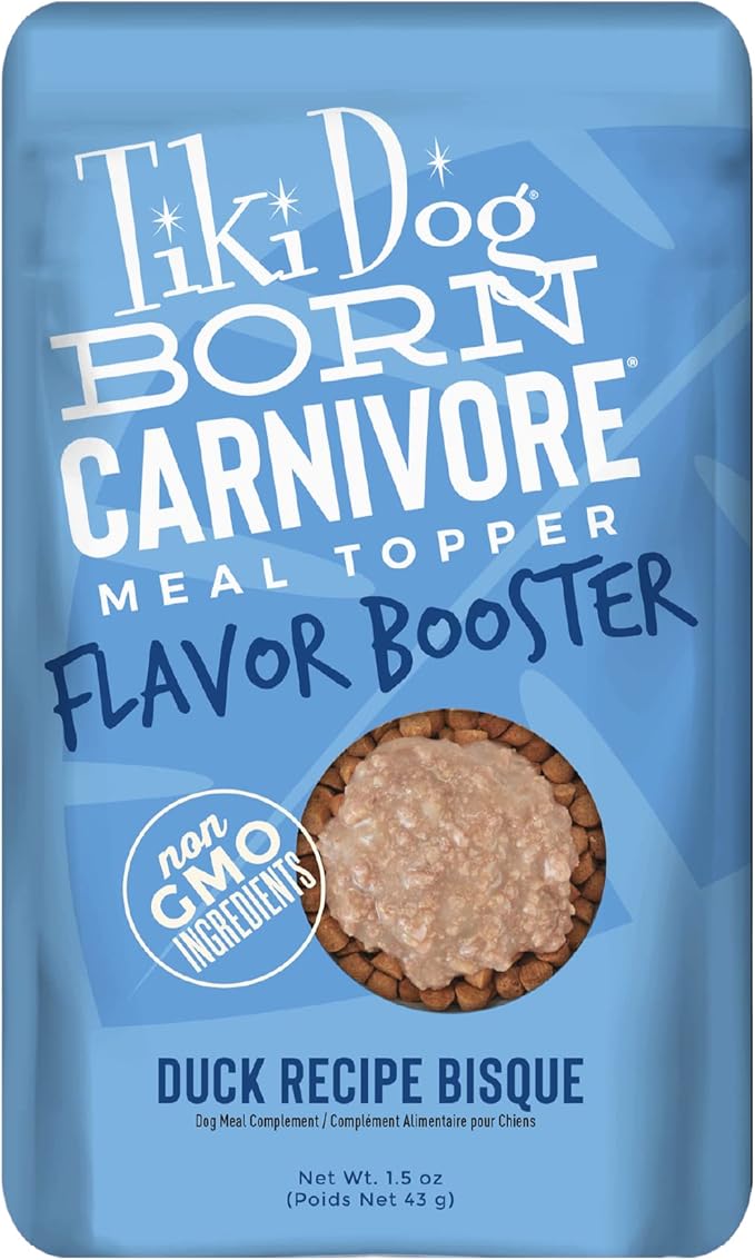Tiki Dog Born Carnivore Flavor Booster, Duck Recipe Bisque, Grain Free Meat Based Treat, Meal Topper for All Dog Breeds and All Life Stages, 1.5 oz. 12 Count