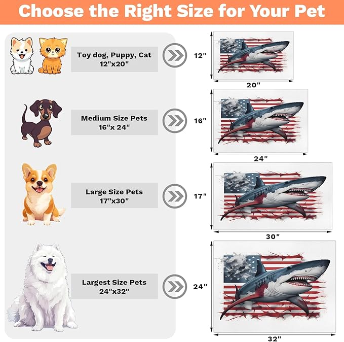 Cool Sharks Dog Food Mat for Floors Absorbent Dog Bowl Mat for Food and Water Dispenser Quick Dry Cat Food Placemat Pet Supplies 16" x 24", American Flag