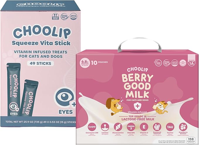 Choolip Bundle | Berry Good Milk 10pk Vitamin-Infused + 49pc Eye Health Squeeze Vita Sticks with Essential multivitamins [Both Products are for Cats & Dogs of All Life Stages]